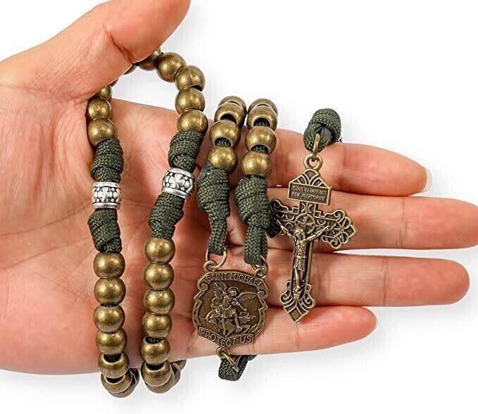 Bronze Beads Green Paracord with Silver Mystery Beads Rosary St Michael Medal & Pardon Crucifix