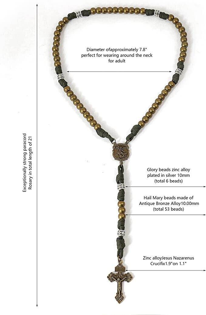 Bronze Beads Green Paracord with Silver Mystery Beads Rosary St Michael Medal & Pardon Crucifix