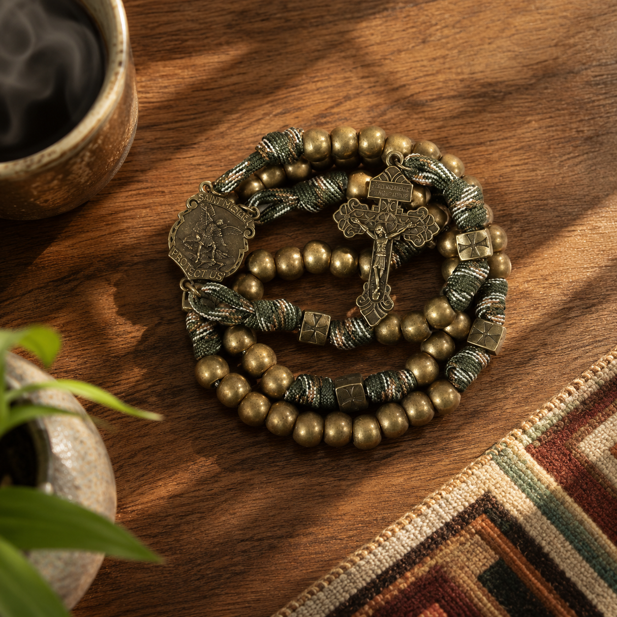 Bronze Beads Paracord Rosary Military Olive Khaki Cord with St. Michael Medal & Pardon Crucifix