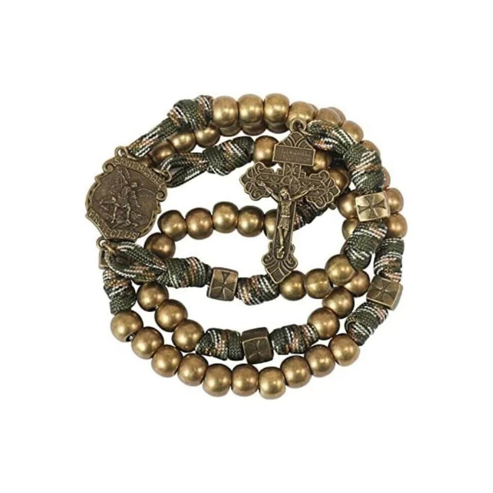 Bronze Beads Paracord Rosary Military Olive Khaki Cord with St. Michael Medal & Pardon Crucifix