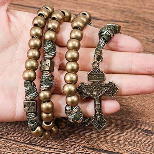 Bronze Beads Paracord Rosary Military Olive Khaki Cord with St. Michael Medal & Pardon Crucifix