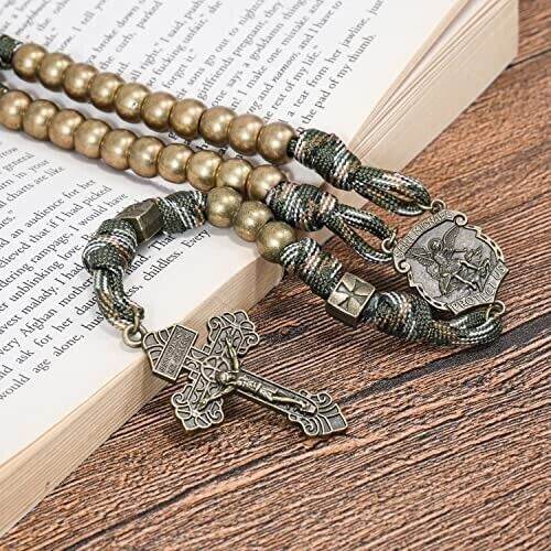 Bronze Beads Paracord Rosary Military Olive Khaki Cord with St. Michael Medal & Pardon Crucifix