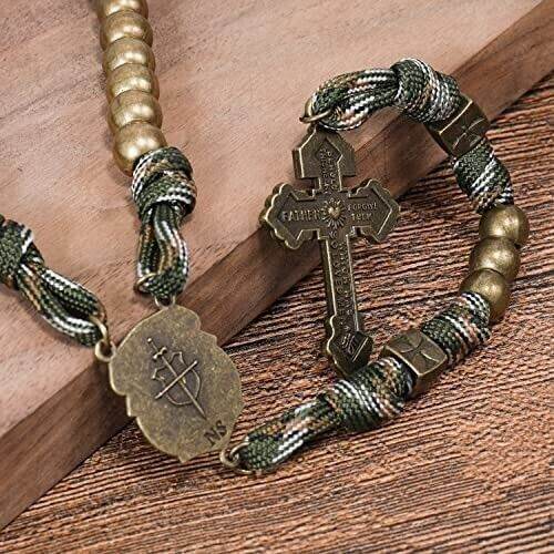 Bronze Beads Paracord Rosary Military Olive Khaki Cord with St. Michael Medal & Pardon Crucifix