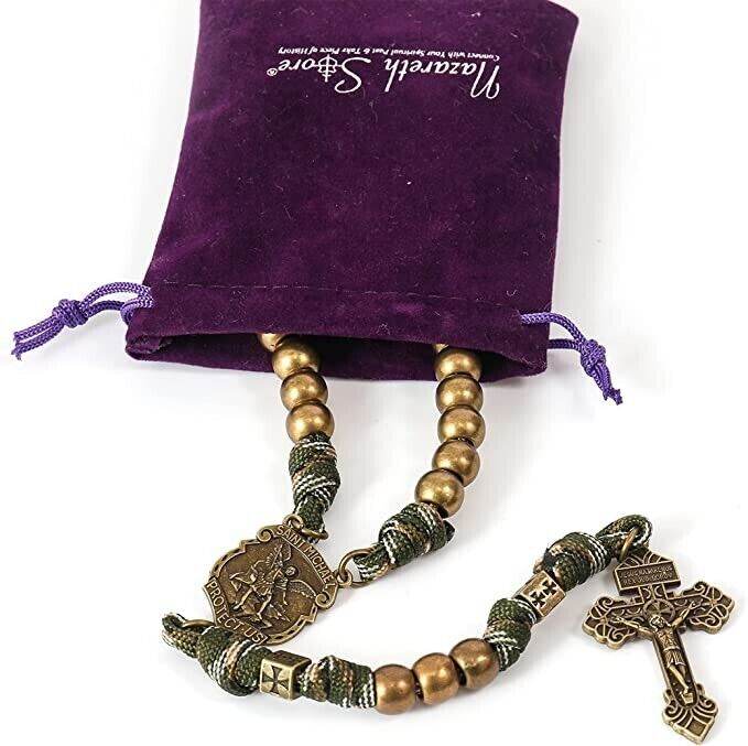 Bronze Beads Paracord Rosary Military Olive Khaki Cord with St. Michael Medal & Pardon Crucifix