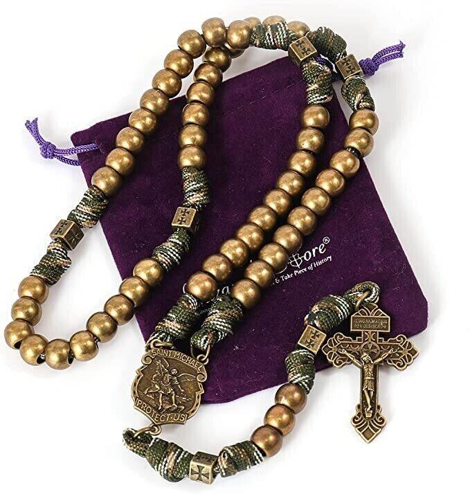 Bronze Beads Paracord Rosary Military Olive Khaki Cord with St. Michael Medal & Pardon Crucifix