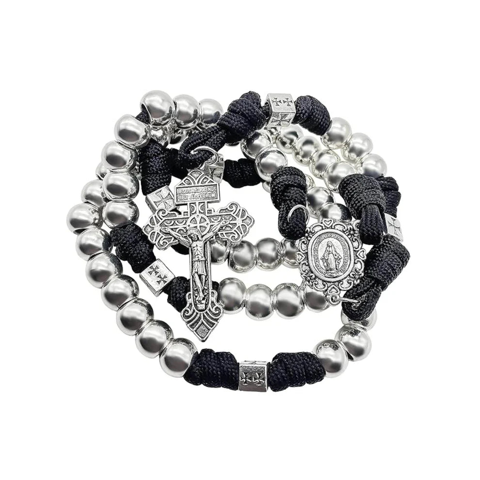 Silver Beads Paracord Rosary Necklace Miraculous Medal & Pardon Crucifix