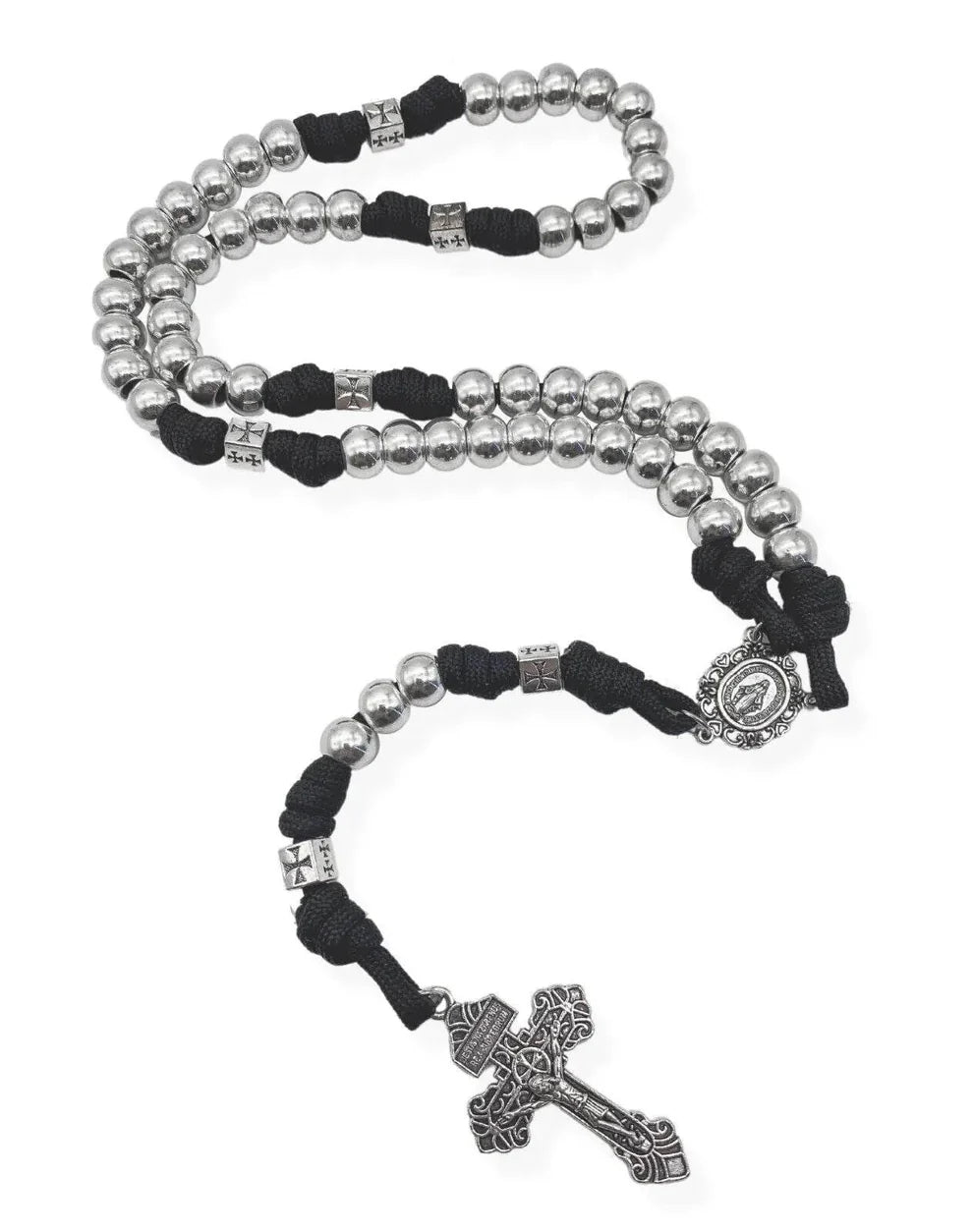 Silver Beads Paracord Rosary Necklace Miraculous Medal & Pardon Crucifix