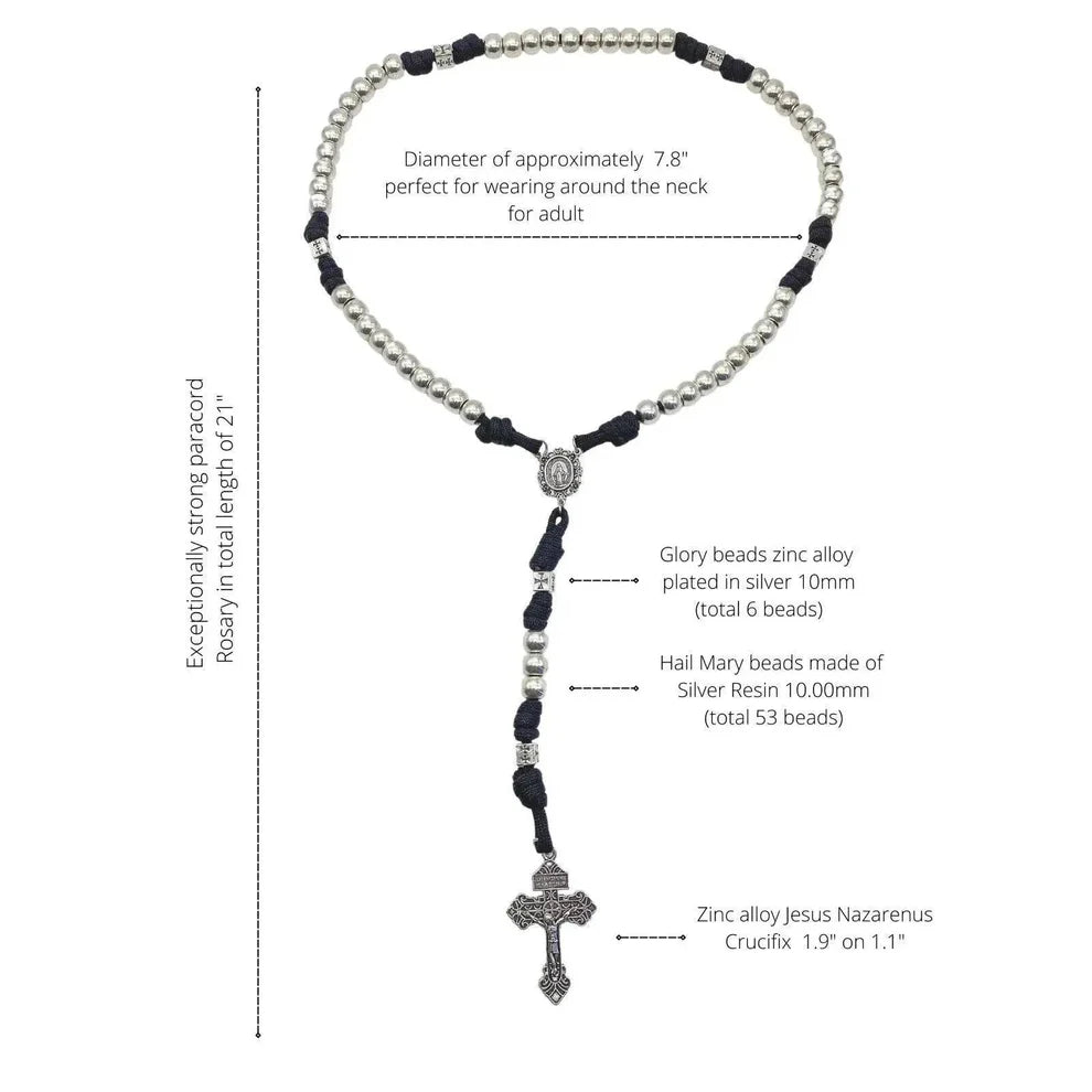 Silver Beads Paracord Rosary Necklace Miraculous Medal & Pardon Crucifix