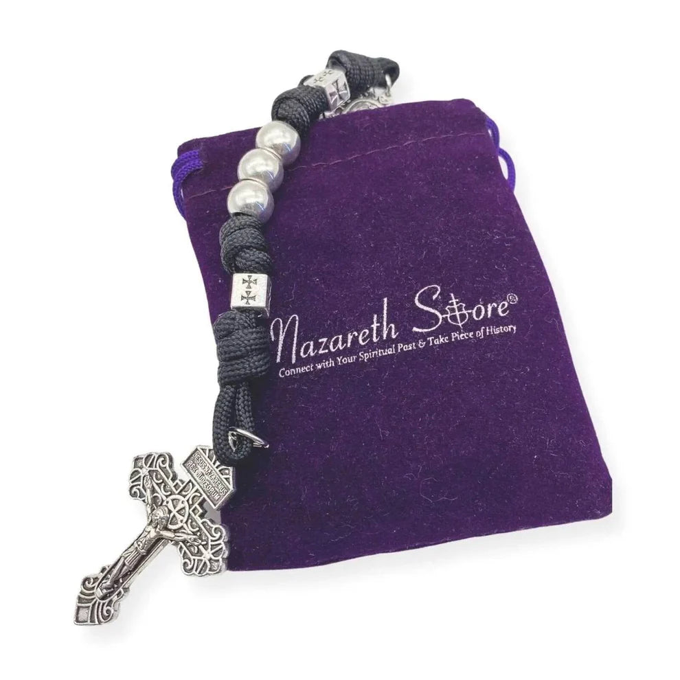 Silver Beads Paracord Rosary Necklace Miraculous Medal & Pardon Crucifix