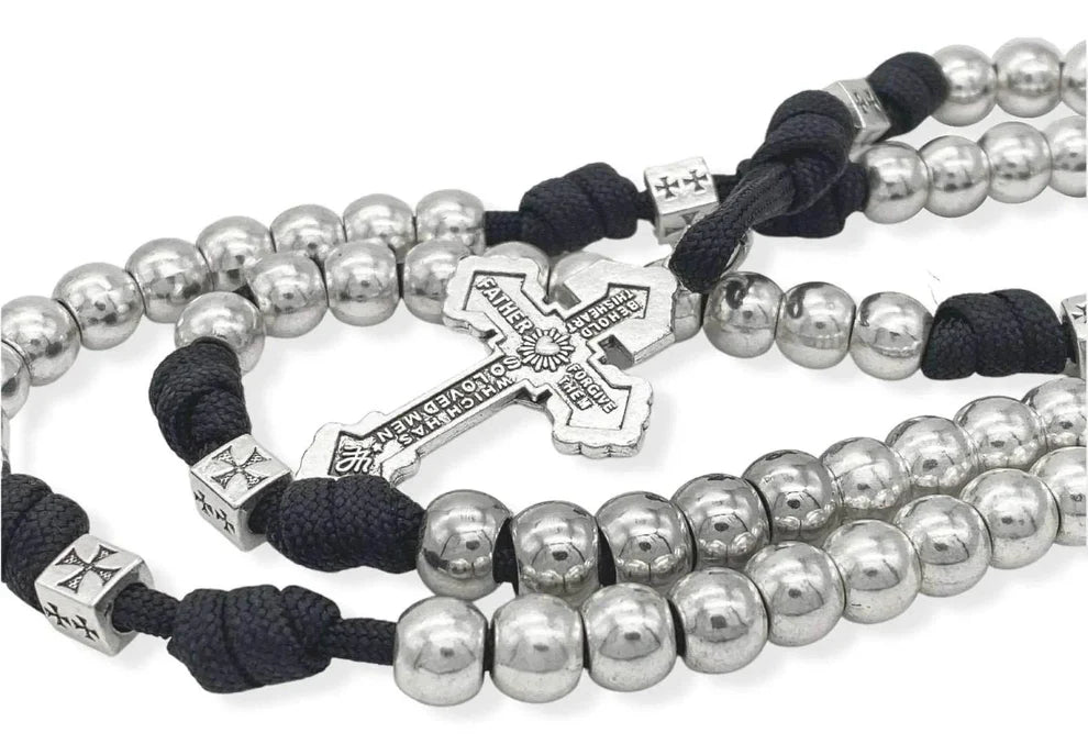 Silver Beads Paracord Rosary Necklace Miraculous Medal & Pardon Crucifix