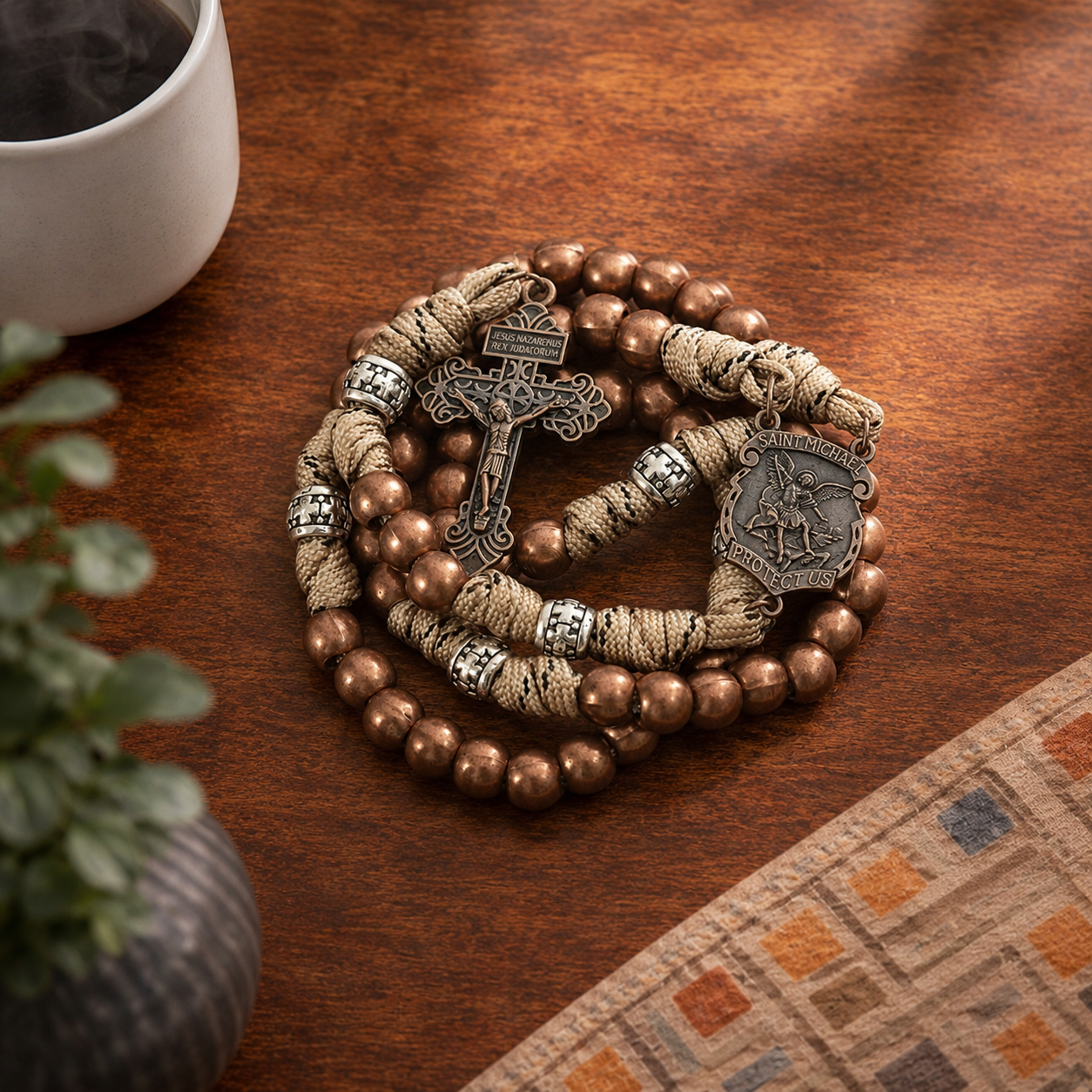 St. Michael Copper Rugged Paracord Rosary Necklace Strong Metal Beads Our Father Rosario