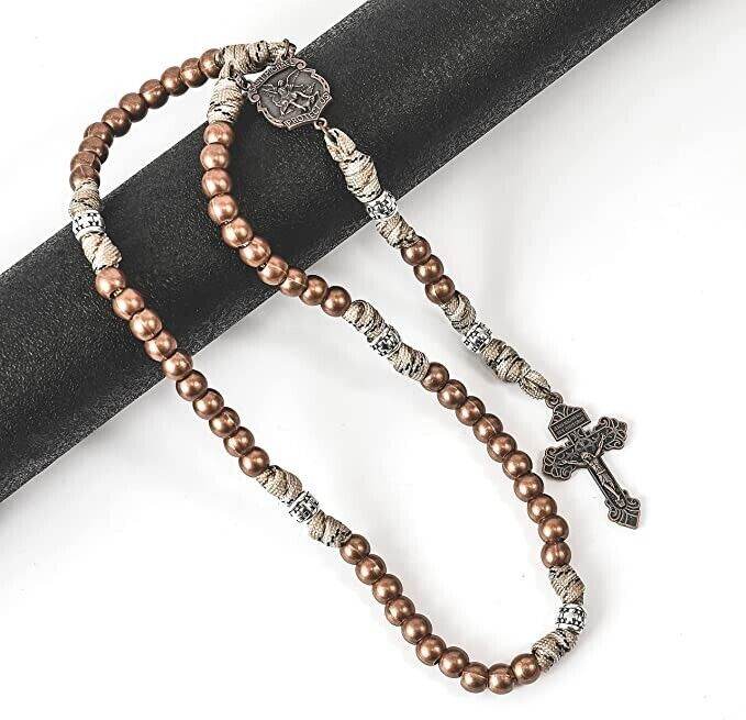St. Michael Copper Rugged Paracord Rosary Necklace Strong Metal Beads Our Father Rosario