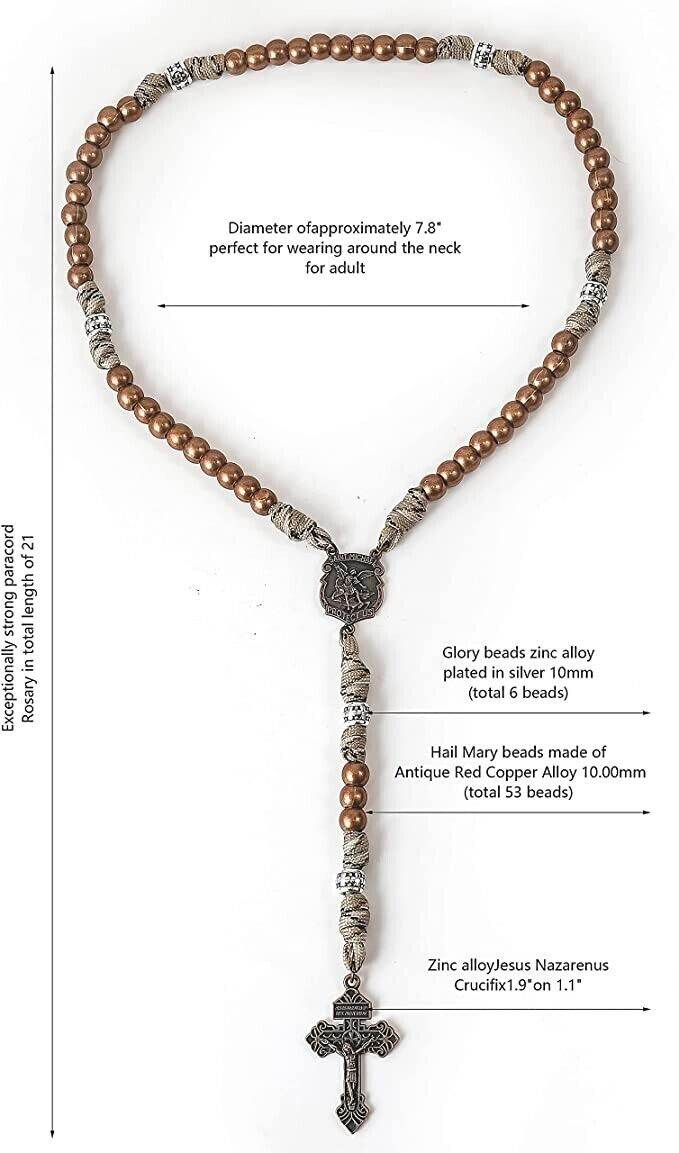 St. Michael Copper Rugged Paracord Rosary Necklace Strong Metal Beads Our Father Rosario