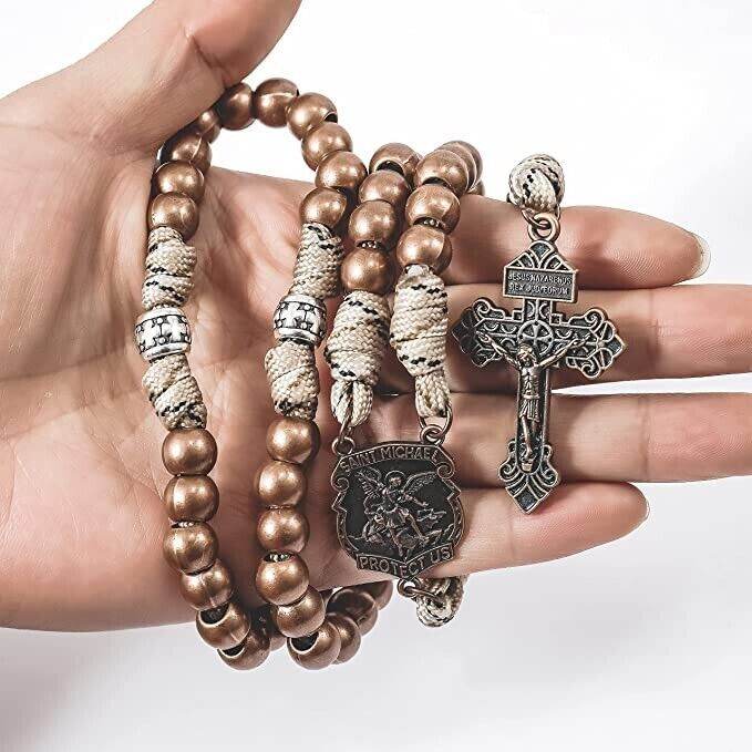 St. Michael Copper Rugged Paracord Rosary Necklace Strong Metal Beads Our Father Rosario
