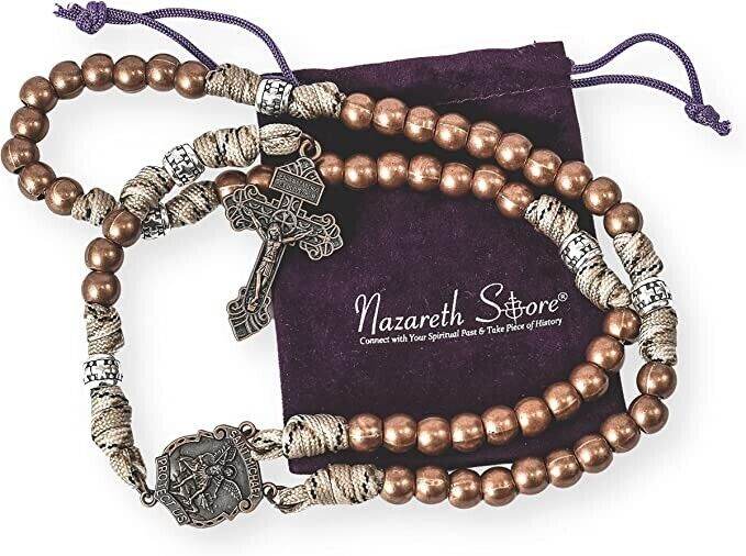 St. Michael Copper Rugged Paracord Rosary Necklace Strong Metal Beads Our Father Rosario