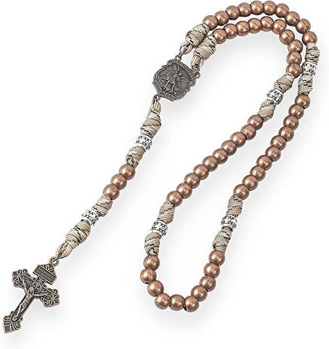 St. Michael Copper Rugged Paracord Rosary Necklace Strong Metal Beads Our Father Rosario