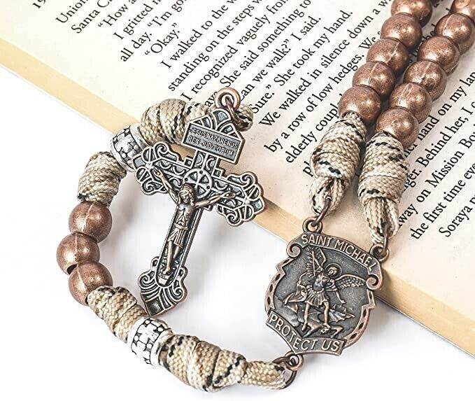 St. Michael Copper Rugged Paracord Rosary Necklace Strong Metal Beads Our Father Rosario