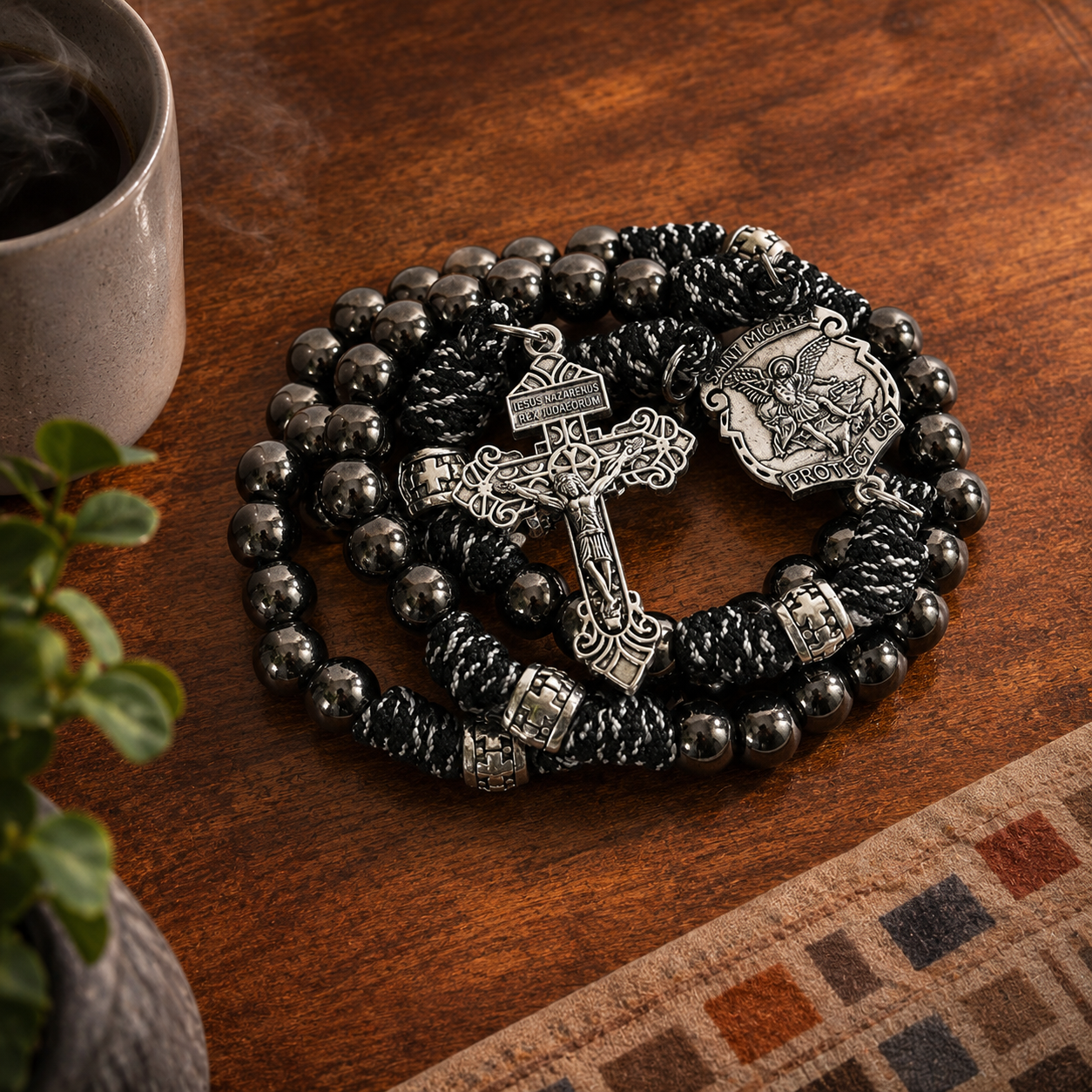 St. Michael Paracord Rosary Beaded Necklace Gun Black Metal Beads Men Rosary