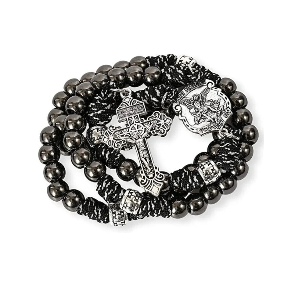 St. Michael Paracord Rosary Beaded Necklace Gun Black Metal Beads Men Rosary