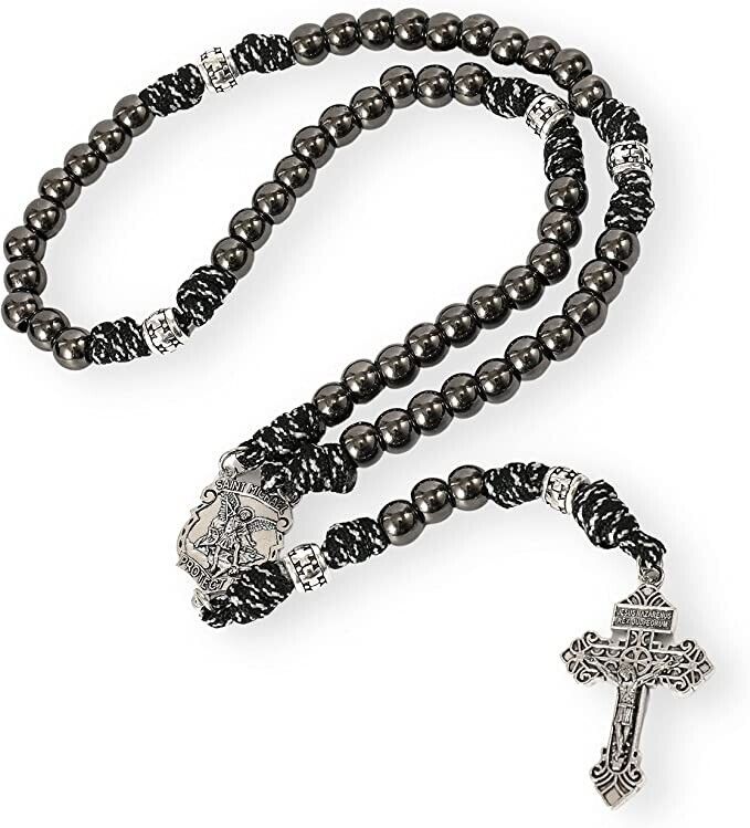 St. Michael Paracord Rosary Beaded Necklace Gun Black Metal Beads Men Rosary