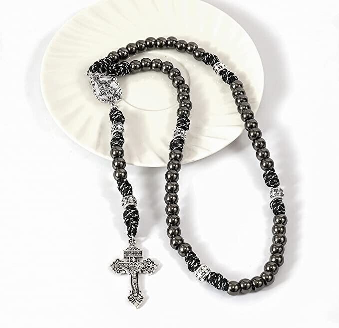 St. Michael Paracord Rosary Beaded Necklace Gun Black Metal Beads Men Rosary