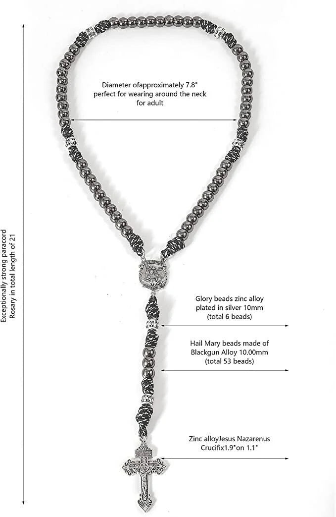 St. Michael Paracord Rosary Beaded Necklace Gun Black Metal Beads Men Rosary