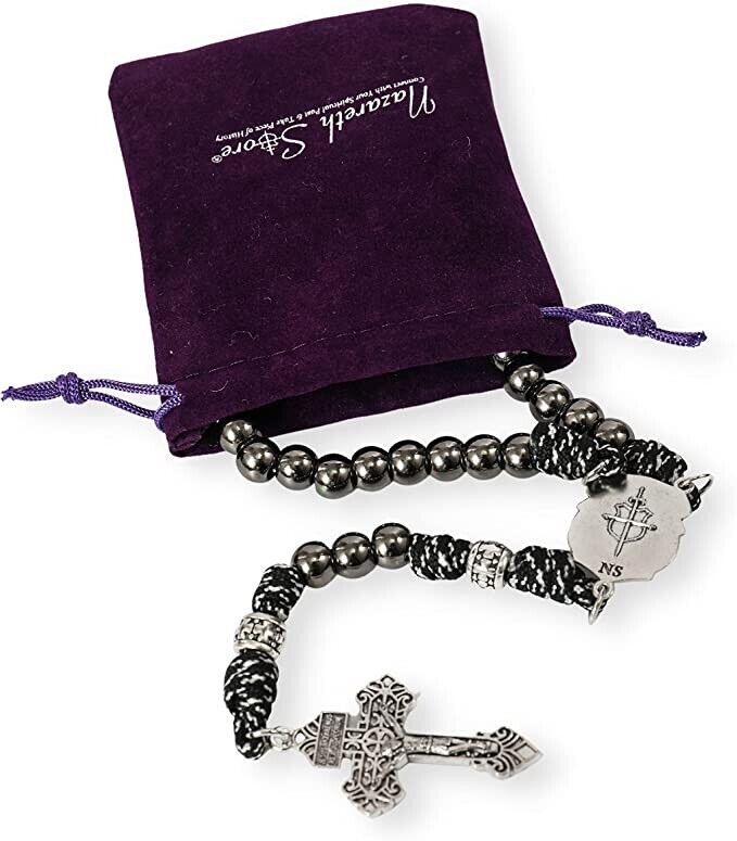 St. Michael Paracord Rosary Beaded Necklace Gun Black Metal Beads Men Rosary