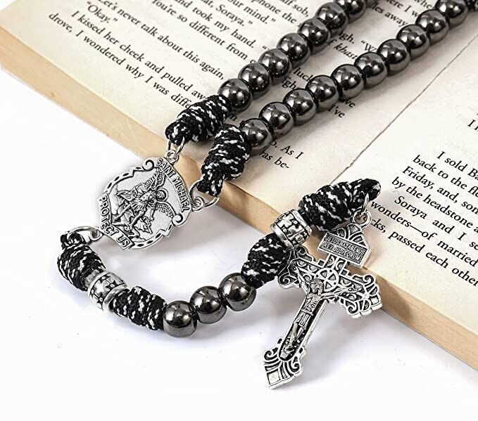 St. Michael Paracord Rosary Beaded Necklace Gun Black Metal Beads Men Rosary