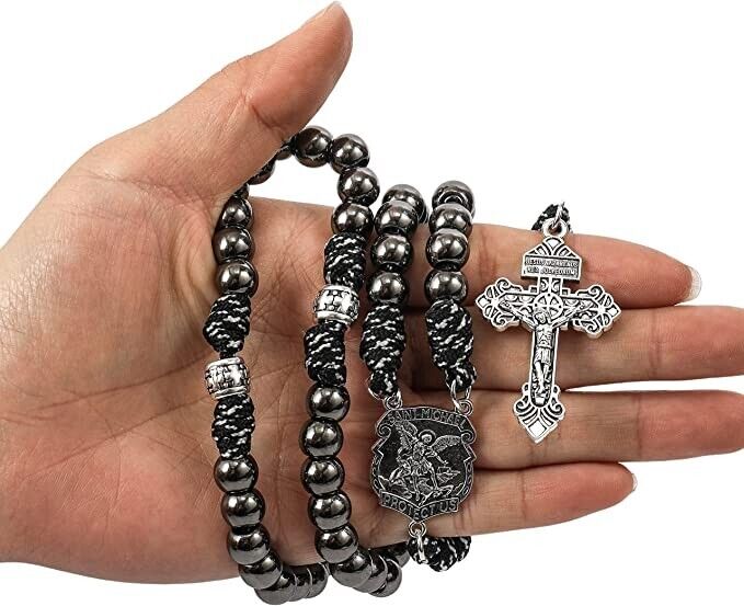 St. Michael Paracord Rosary Beaded Necklace Gun Black Metal Beads Men Rosary