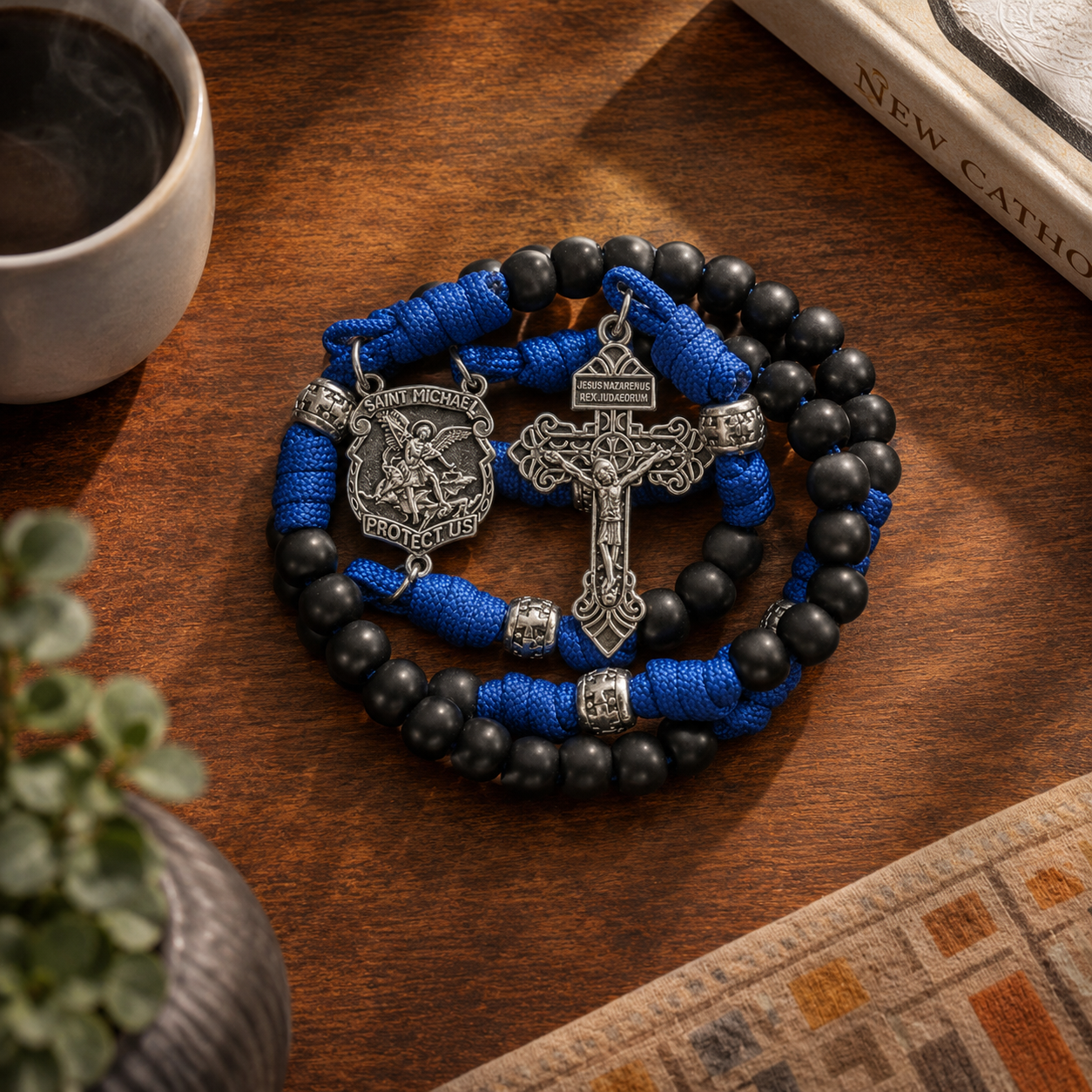 St. Michael Black Beads Blue Paracord Rosary Rugged Beaded Pardon Cross