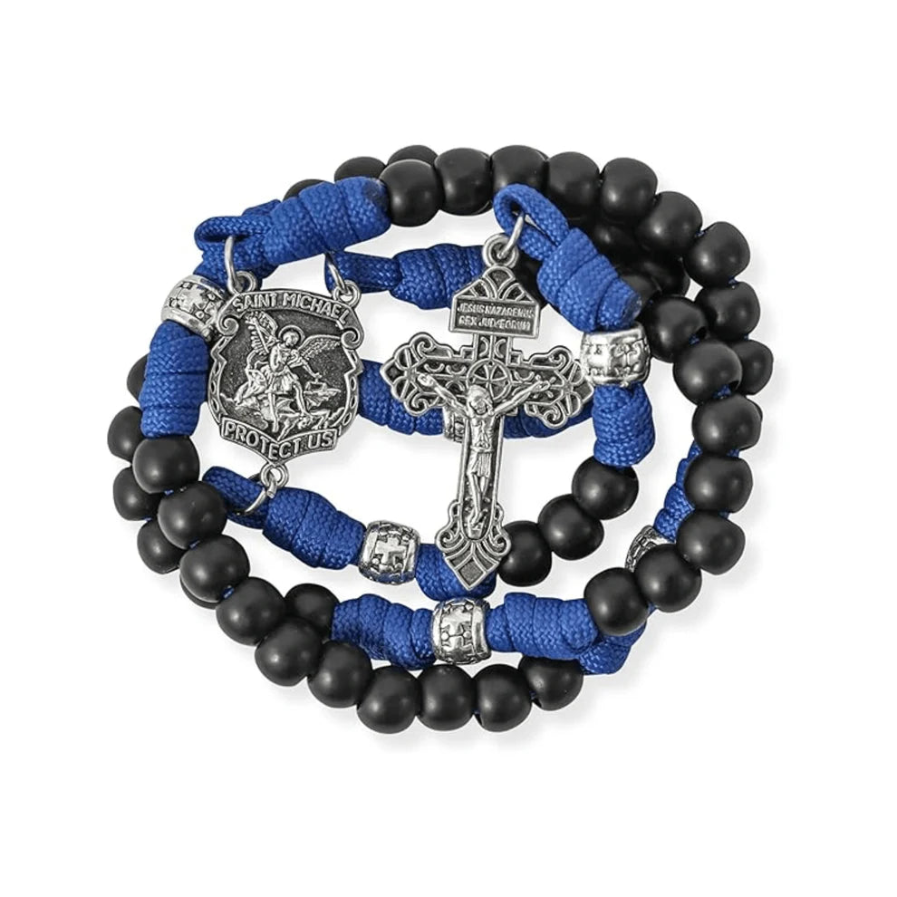 St. Michael Black Beads Blue Paracord Rosary Rugged Beaded Pardon Cross