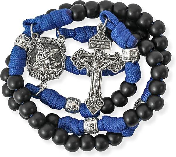 St. Michael Black Beads Blue Paracord Rosary Rugged Beaded Pardon Cross