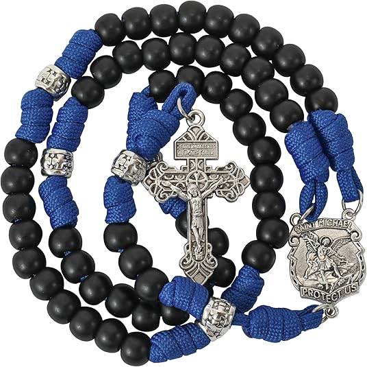 St. Michael Black Beads Blue Paracord Rosary Rugged Beaded Pardon Cross
