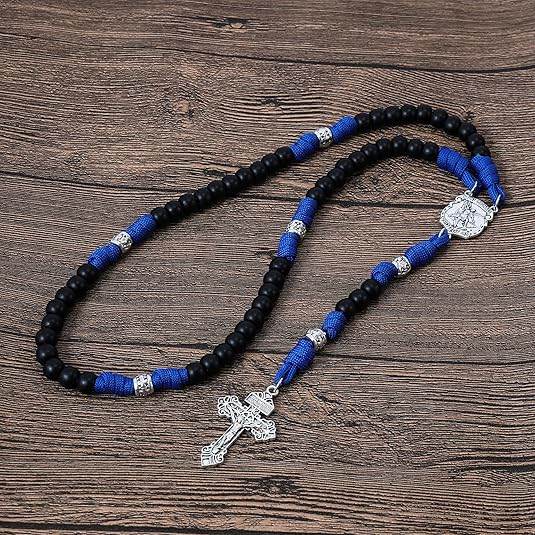 St. Michael Black Beads Blue Paracord Rosary Rugged Beaded Pardon Cross