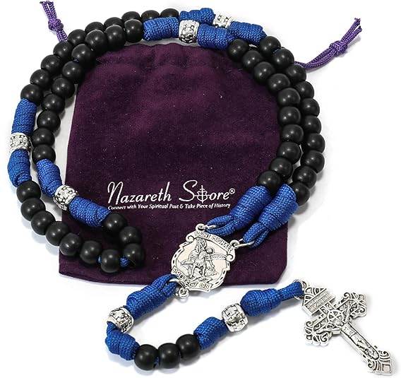 St. Michael Black Beads Blue Paracord Rosary Rugged Beaded Pardon Cross