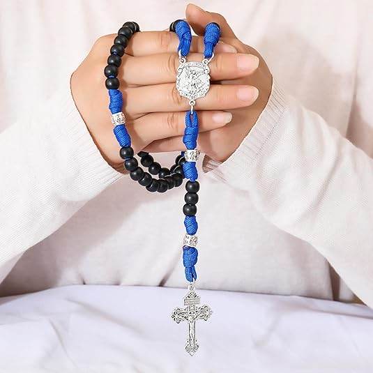 St. Michael Black Beads Blue Paracord Rosary Rugged Beaded Pardon Cross
