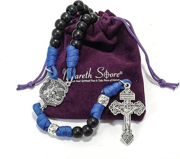 St. Michael Black Beads Blue Paracord Rosary Rugged Beaded Pardon Cross