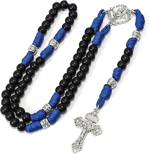 St. Michael Black Beads Blue Paracord Rosary Rugged Beaded Pardon Cross