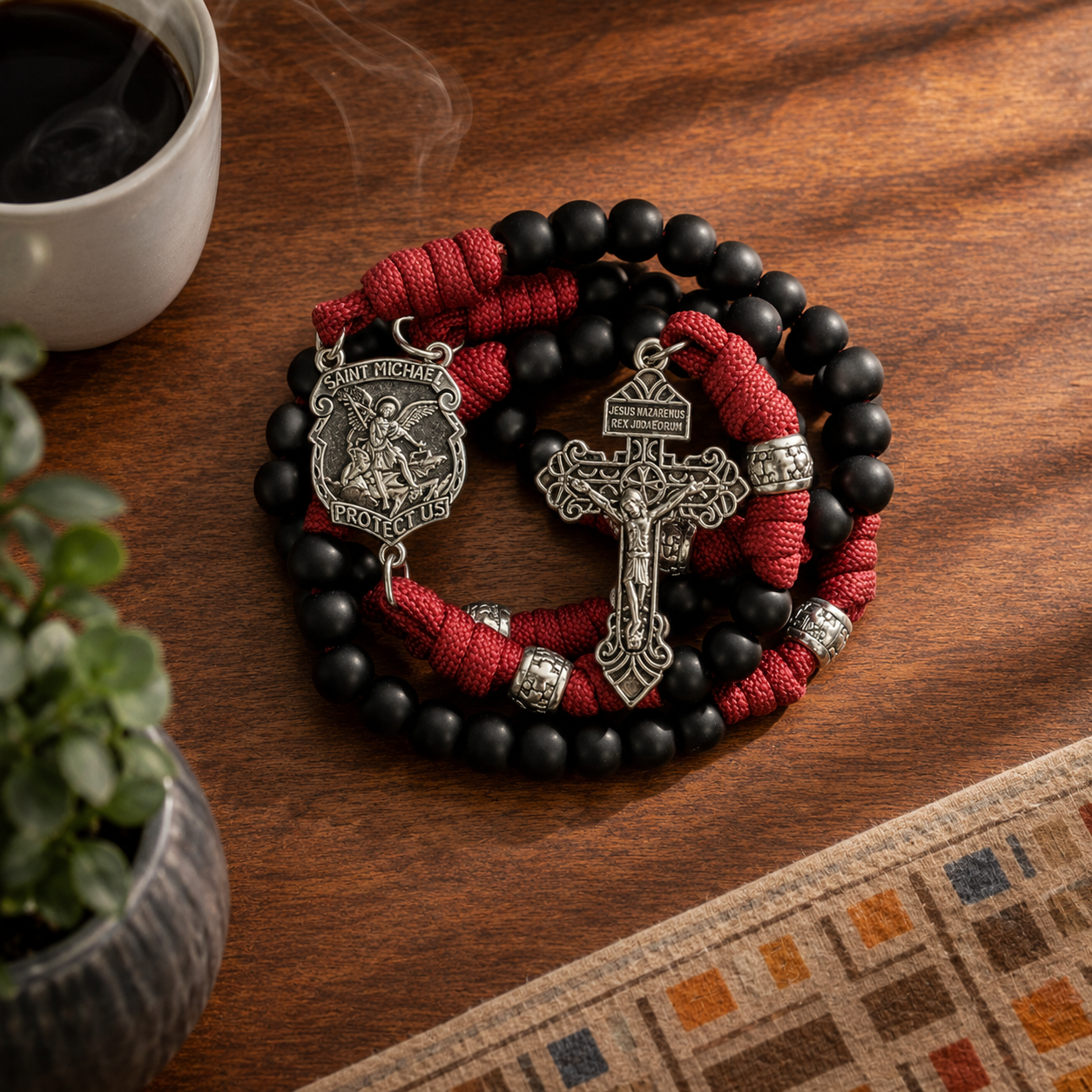St. Michael Black Beads Red Paracord Rosary Rugged Beaded Pardon Cross