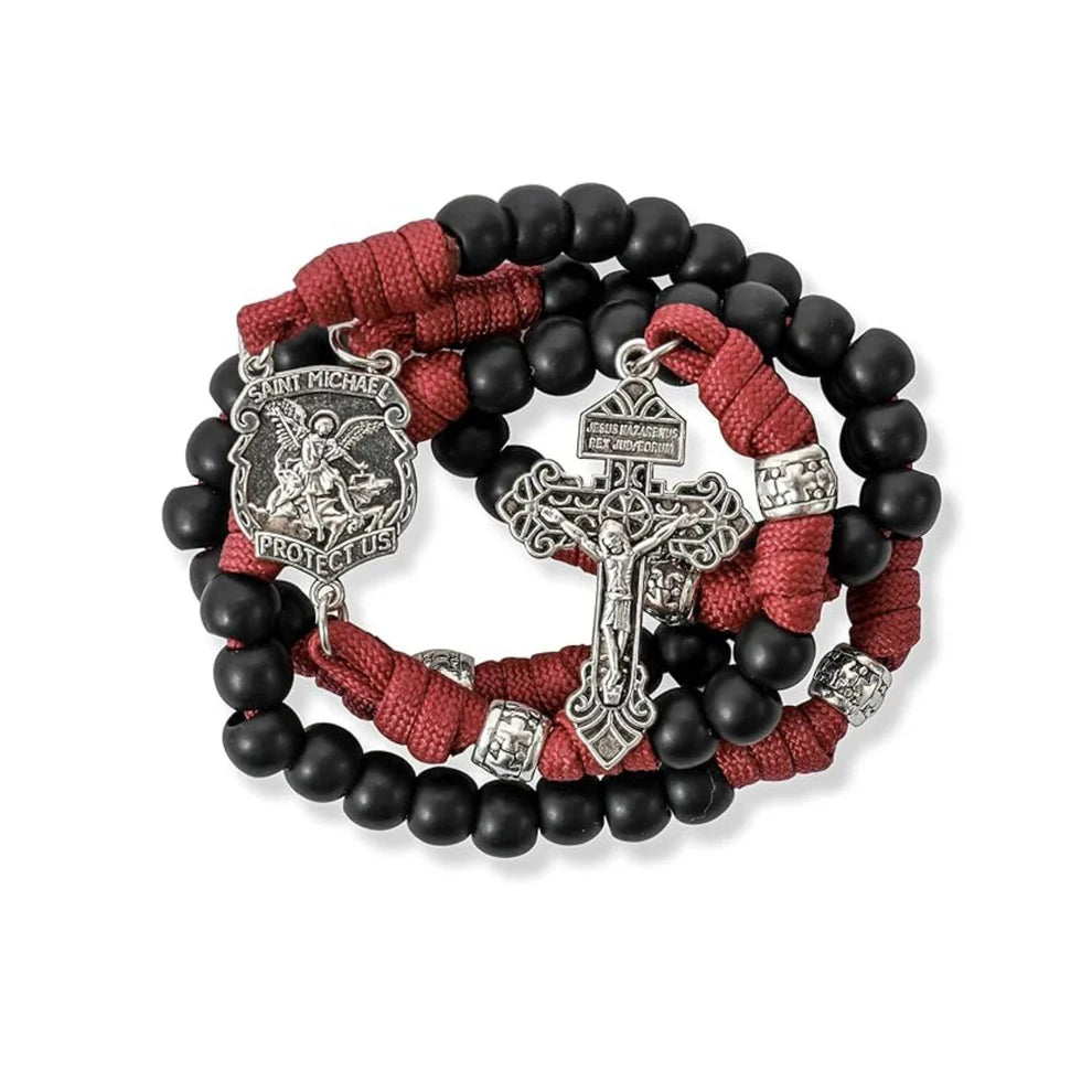 St. Michael Black Beads Red Paracord Rosary Rugged Beaded Pardon Cross