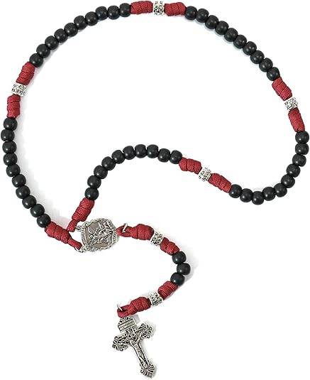 St. Michael Black Beads Red Paracord Rosary Rugged Beaded Pardon Cross