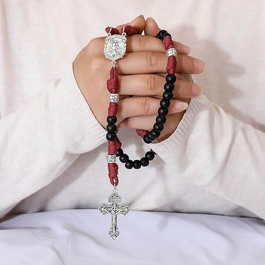 St. Michael Black Beads Red Paracord Rosary Rugged Beaded Pardon Cross