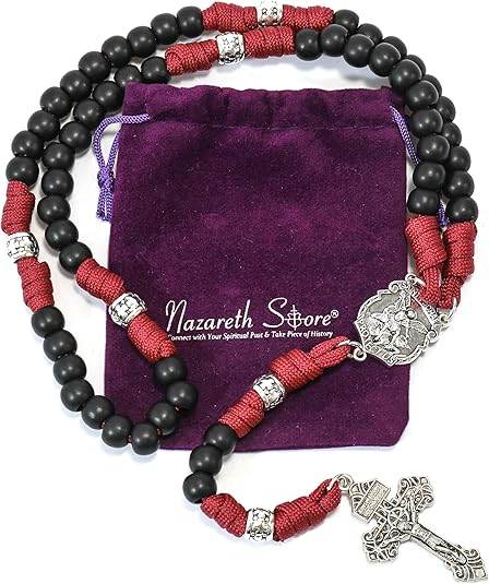 St. Michael Black Beads Red Paracord Rosary Rugged Beaded Pardon Cross
