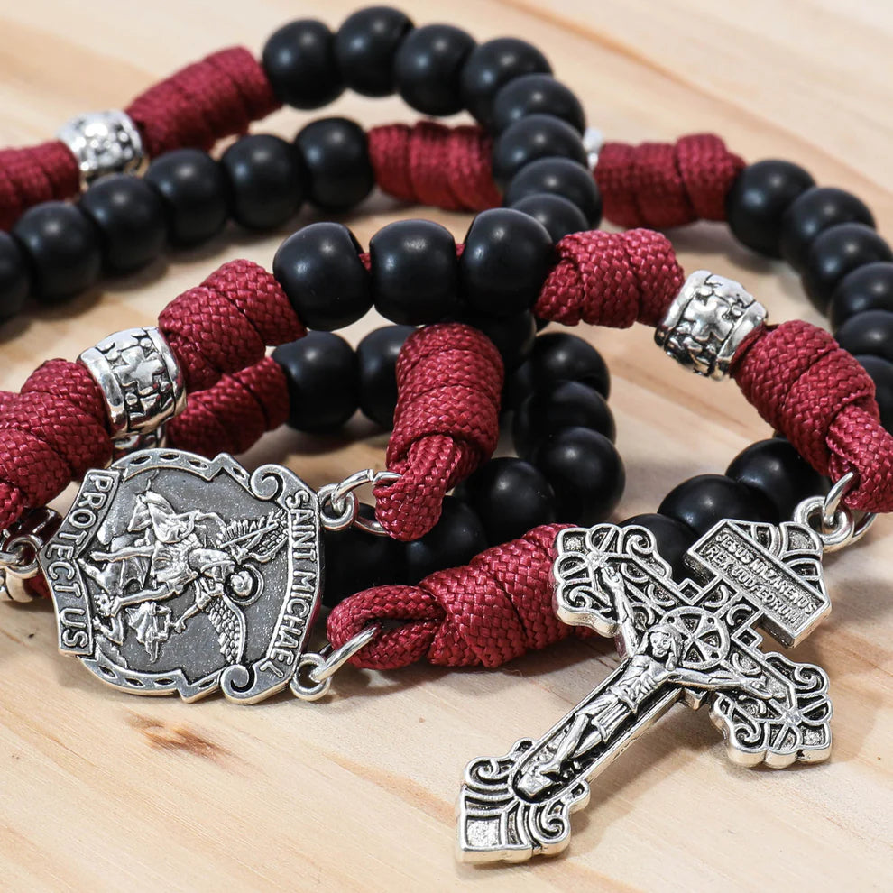 St. Michael Black Beads Red Paracord Rosary Rugged Beaded Pardon Cross