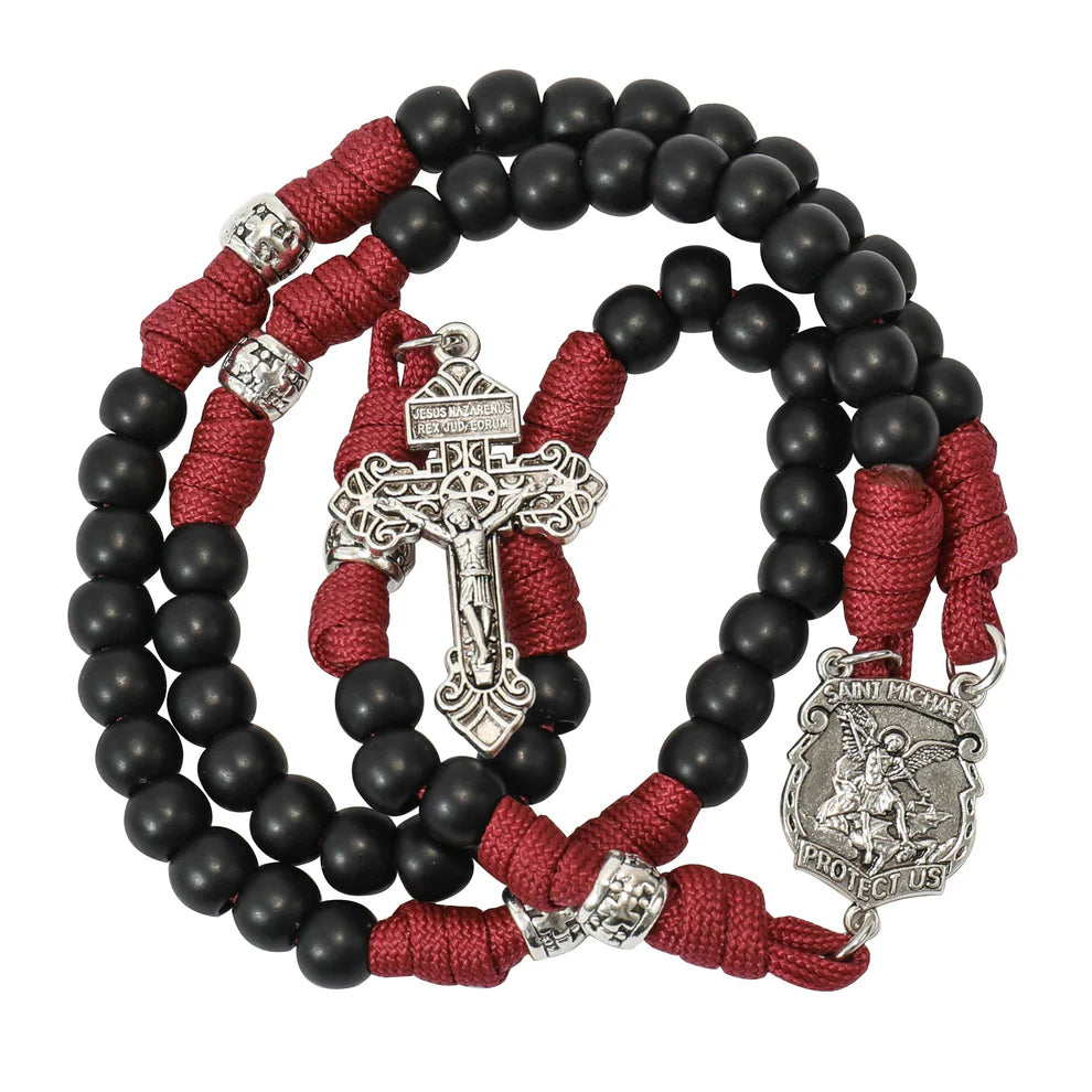 St. Michael Black Beads Red Paracord Rosary Rugged Beaded Pardon Cross