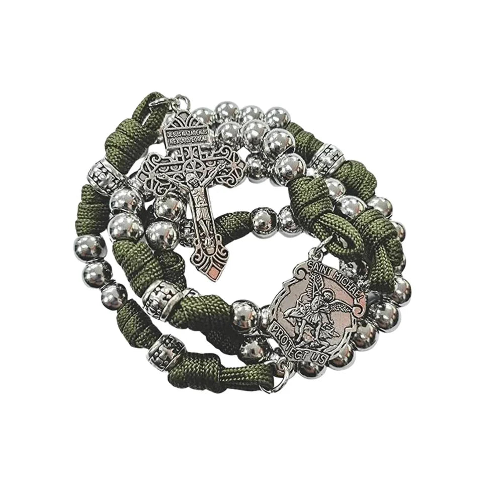 St. Michael Paracord Rosary Necklace Alloy Beads Our Father Jesus Crucifix
