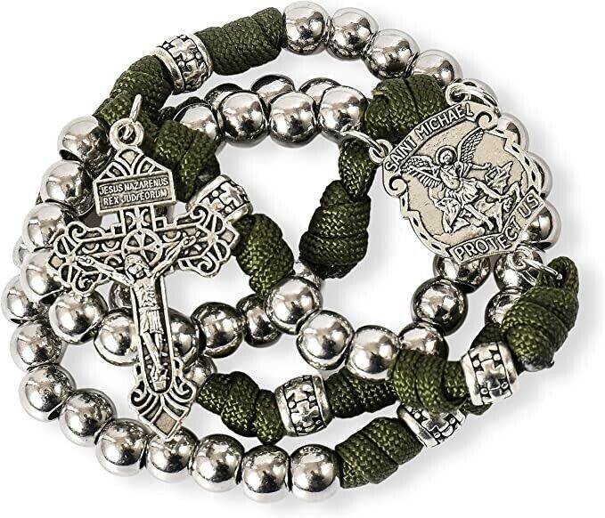 St. Michael Paracord Rosary Necklace Alloy Beads Our Father Jesus Crucifix