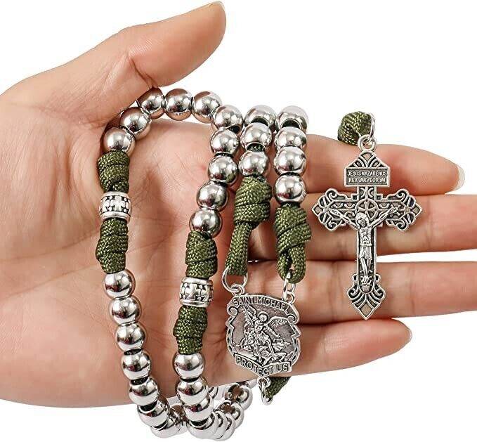 St. Michael Paracord Rosary Necklace Alloy Beads Our Father Jesus Crucifix