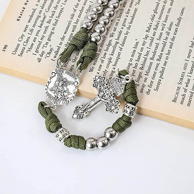 St. Michael Paracord Rosary Necklace Alloy Beads Our Father Jesus Crucifix