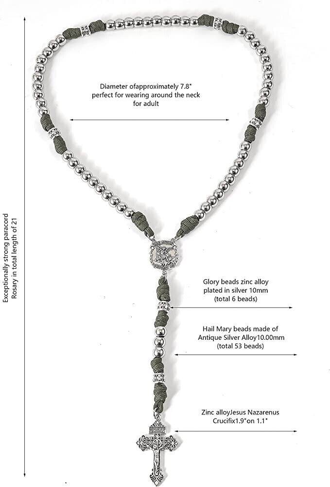 St. Michael Paracord Rosary Necklace Alloy Beads Our Father Jesus Crucifix